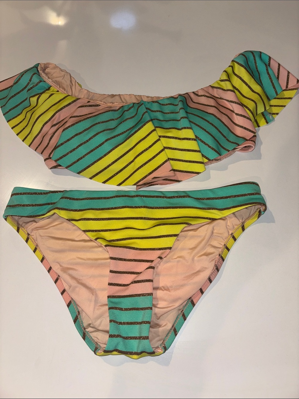 Trina Turk Striped Ruffle Bikini Set in Mint, Yellow & Peach size 8